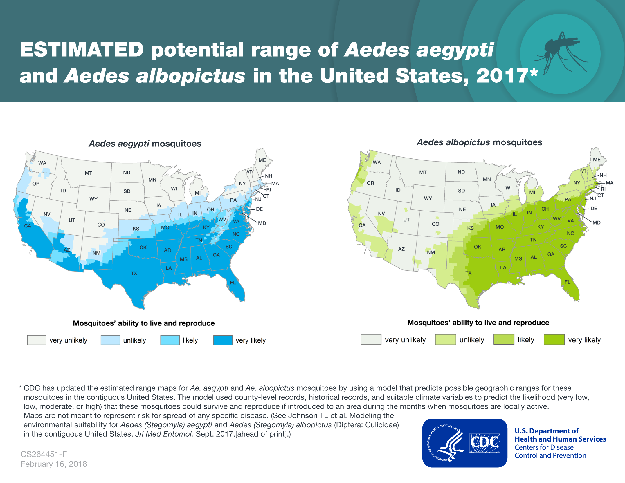 CDC map showing the estimated potential range of Aedes aegypti in the United States, 2017.
